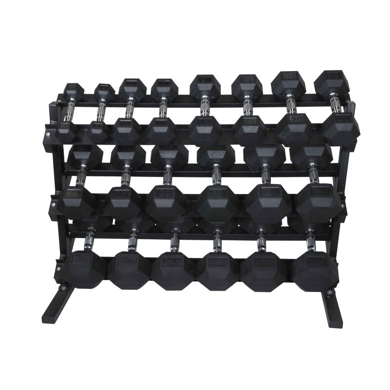 The 3 Tier Rack Set from ProFIT Strength includes a 5 – 50 Pound Set of Rubber Hex Dumbbells.